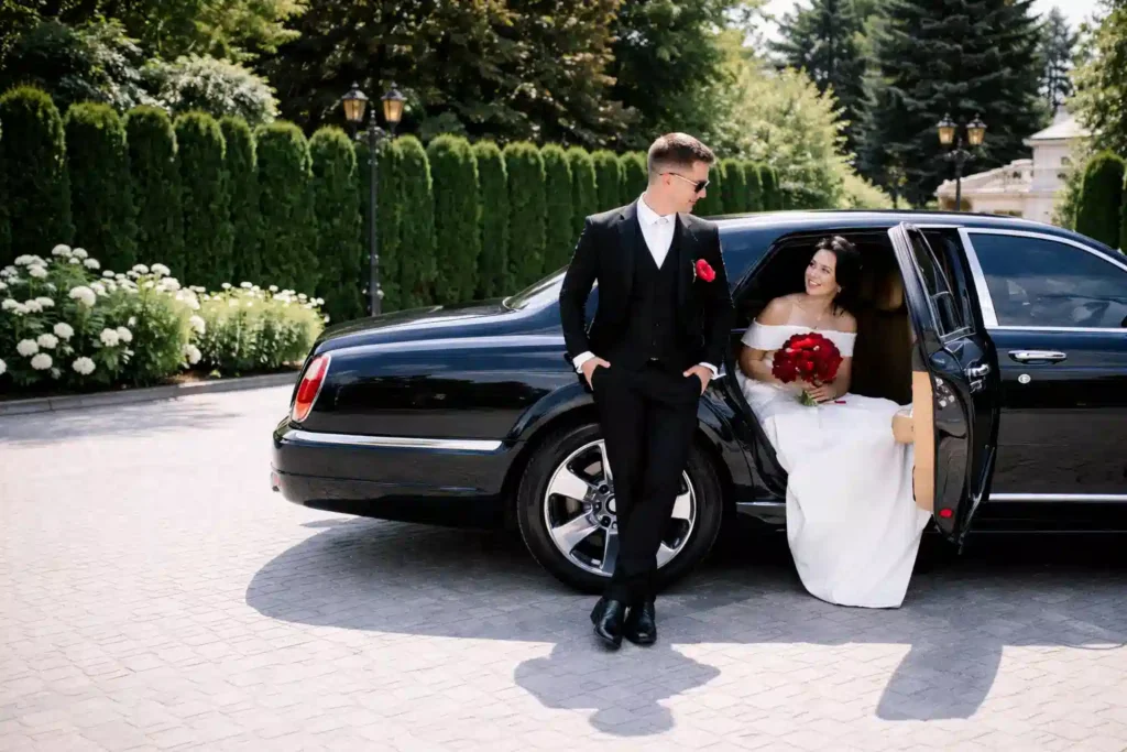 Braut und Bräutigam sind glücklich nach der Taxifahrt mit Berlin Flughafen Taxi